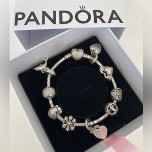 Pandora Moments Heart Clasp Snake Chain 7.1” Bracelet Sterling Silver & 9 Charms
